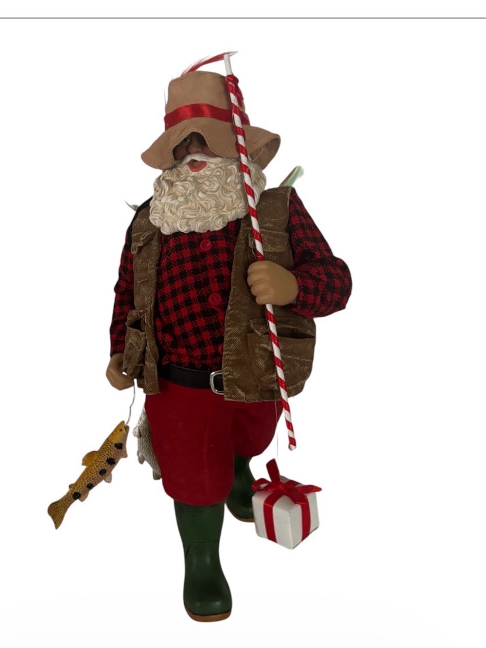 Holiday Fisherman Santa Sculpture - Red Plaid & Brown Vest